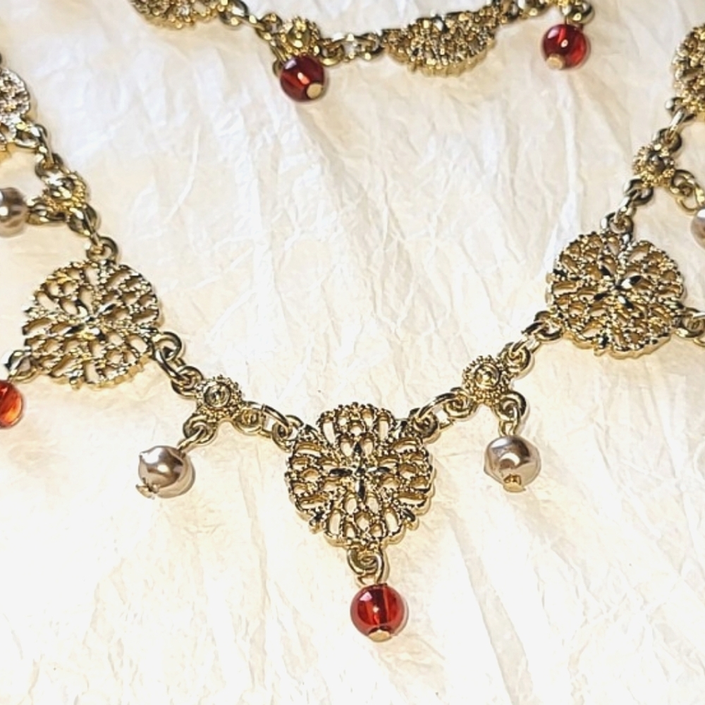 BEN-AMUN FESTOON STYLE LAYERED NECKLACE with FILIGREE DISCS, AMBER BEADS - Picture 8 of 9